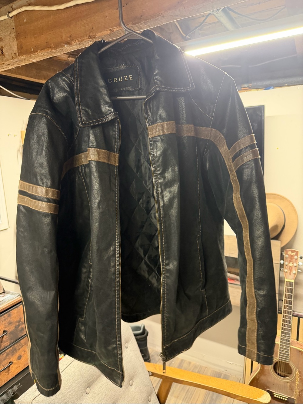 Black Leather Bomber Jacket with Brown Stripe Detail